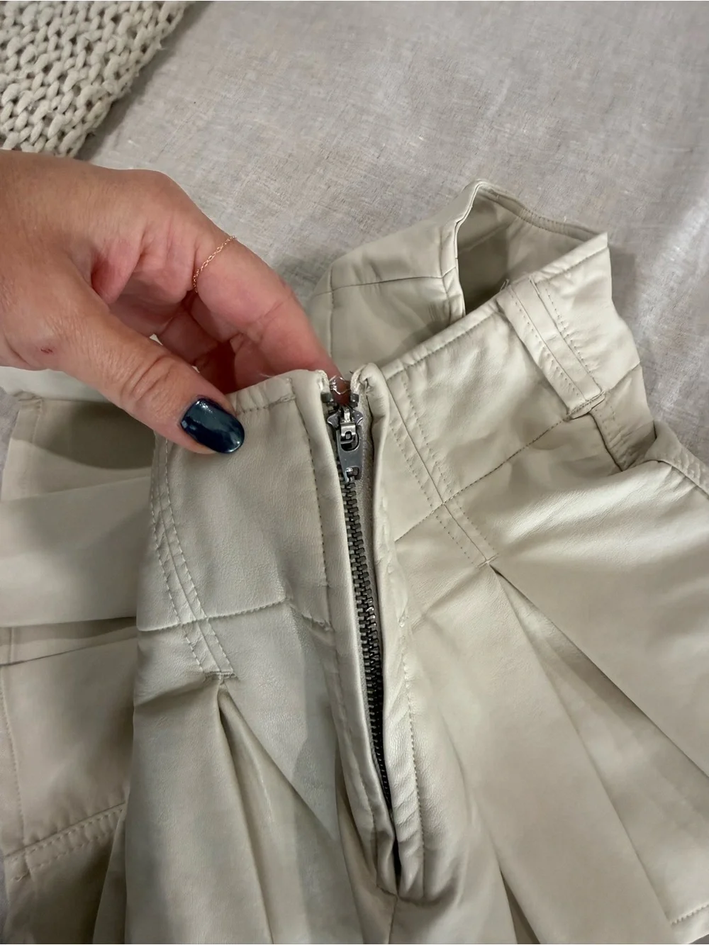 Free People Cream Pleated Faux Leather Mini Skirt-Shorts